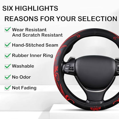 Red Embroidery Butterfly Car Steering Wheel Cover,14.5-15 Inch Universal Leather Covers Breathable Anti-Slip Odorless Steering Wheels Accessories for Men Women - color: Embroidery Red