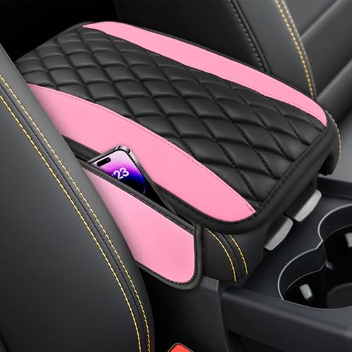 Car Center Console Cover, Anti-Slip Leather Car Armrest Decor Cushion with 2 Storage Bags, Double Color Auto Armrest Box Pad Cover, Universal Protective Cover for Cars Trucks SUV (Pink) - color: Pink