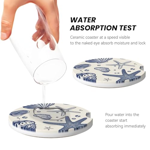 Absorbent Ceramic Car Coasters for Cup Holders, Blue Sea Starfish Shells Design 2.56" Anti Slip Universal Drink Cup Coasters for Women Men (2 Pack) - color: Blue Sea Starfish Shells