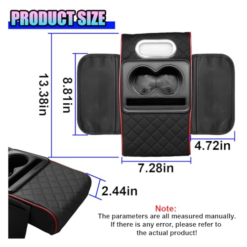 Leather Car Center Console Cover, Universal Automotive Armrest Booster Cushion, Vehicle Middle Console Organizer with 2 Cup Holders, Side Storage Bag, Tissue Box & Phone Slot(BlackRed) - color: BlackRed