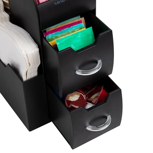 Mind Reader Cup and Condiment Station, Countertop Organizer, Coffee Bar, Kitchen, Stirrers, 5.35"W x 11.25"L x 11.15"H, Black