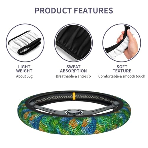 Colorful Snake Skin Steering Wheel Cover Elastic Non-Slip Car Steering Wheel Covers with Seat Belt Shoulder Pad for Women Men - color: Colorful Snake Skin