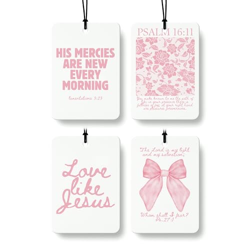 Pink Christian Car Air Freshener 4 Pcs, Girly Pink Bow Floral Religious Hanging Air Freshener for Cars Closet Drawer Books, Cute Preppy Christian Car Accessories Mirror Decor for Women - color: Pink Christian