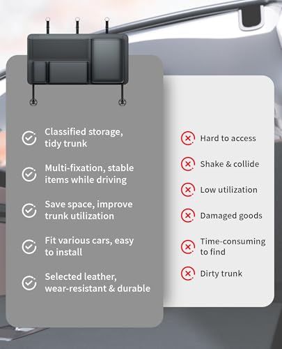 PU Leather Hanging Trunk Organizer - Sturdy Non-Sagging Car Trunk Organizer for SUV Sedan Truck - Waterproof Easy Clean Backseat Organizers Hanging Storage