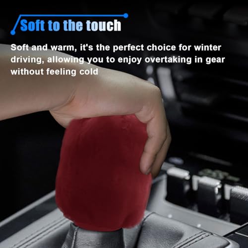 2PCS Plush Car Gear Shift Knob Cover & Handbrake Cover, Soft Fluffy Shift Knob Brake Handle Protector, Universal Car Interior Accessories (Burgundy) - color: Burgundy