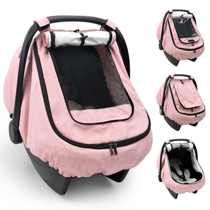 TinlyFinly Waterproof Car Seat Cover for Baby, 2-Layer Car Seat Rain Cover with Clear Window & Sunshade & Mesh Cover, Universal Infant Carseat Canopy for Stroller, Protect from Rain and Snow - Pink - color: Pink