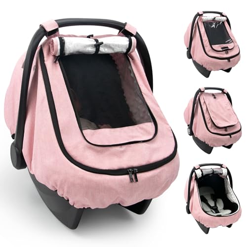 TinlyFinly Waterproof Car Seat Cover for Baby, 2-Layer Car Seat Rain Cover with Clear Window & Sunshade & Mesh Cover, Universal Infant Carseat Canopy for Stroller, Protect from Rain and Snow - Pink - color: Pink