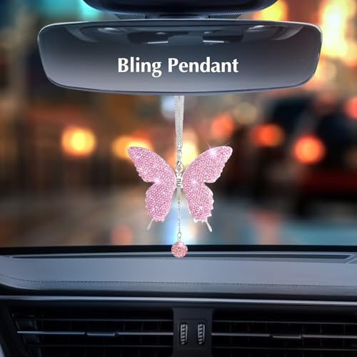 ARTILAURA 11 PCS Bling Car Accessories Set for Women Steering Wheel Covers Butterfly Hanging Seat Belt Cover Air Vent Clips Coasters Cute Glitter Diamond AUTO Accessories Kit (Pink) - color: Pink