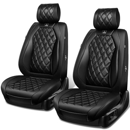 CAR PASS Luxury Nappa Leather Front Seat Covers, Waterproof Lumbar Support Seat Covers, Universal Anti Slip Seat Cushion Fit for Most Sedan SUV Truck Van, Armrest Airbag Compatible Rhomb Pure Black - color: black