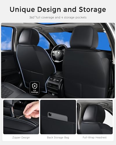 Huidasource Front Seat Covers, Car Seat Covers Front Seats Nappa Leather, Side Elastic Fabric, Compatible with Airbags, Seat Belts, Universal Fit for Most Cars, Vans, Trucks, SUV (Front Pair/Black)