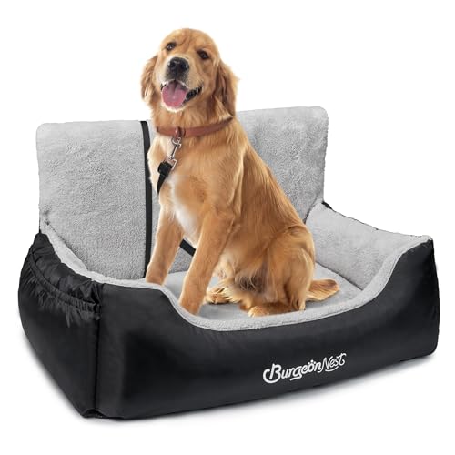 BurgeonNest Dog Car Seat for Medium/Large Dogs Under 55 lbs, Soft Pet Car Travel Home Bed, Fully Detachable and Washable Booster Carseats with Storage Pockets and Clip-On Leash Portable Carrier,Black - color: Black, size: Large