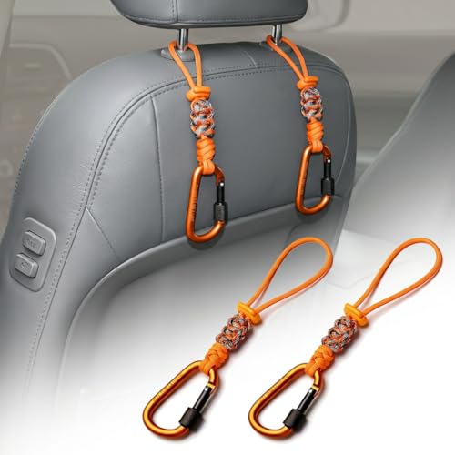Car Seat Back Hooks 2 Pack - Heavy Duty Rope & Metal Buckle Car Hangers, No Wobble Multi-Purpose Organizer for Grocery Bags, Backpacks, Umbrellas, Trash Bags (Fit Most Vehicles) Orange - color: Orange