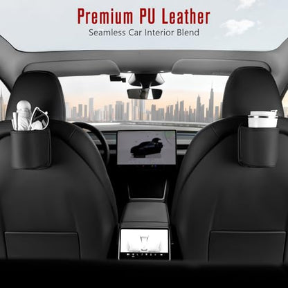 Leather Car Cup Holder Organizer (2-Pack) | Anti-Sag Clip On Drink Cupholder for Back Seat, Car Side Door, Headrest | Premium Extra Automotive Cup Holders for Water Bottles, Tumblers & Coffee Mugs