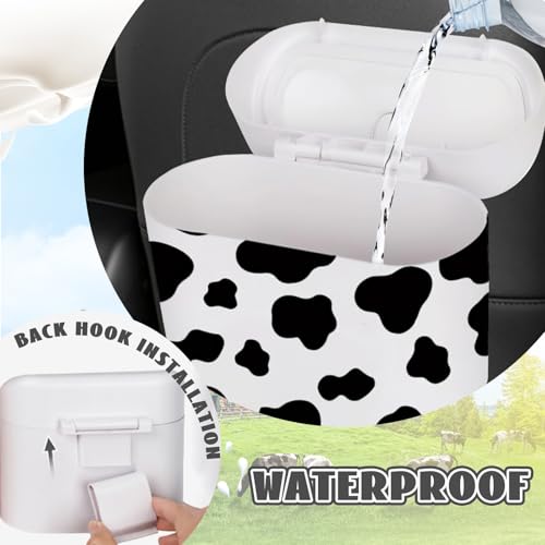 Car Cow Print Trash Can - White Garbage Organizer Holder with Black Trash Bag Rolls, Cute Automotive Dustbin for Most Cars Interior Accessories (1, White)