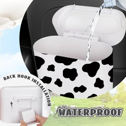 Car Cow Print Trash Can - White Garbage Organizer Holder with Black Trash Bag Rolls, Cute Automotive Dustbin for Most Cars Interior Accessories (1, White)