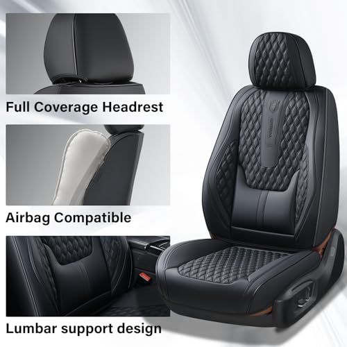 Coverado Front Seat Covers, Car Seat Covers Front Seats, Nappa Leather Seat Covers for Cars, Waterproof Seat Covers with Lumbar Support Universal Fit for Most Cars SUV Trucks (Front, Black)