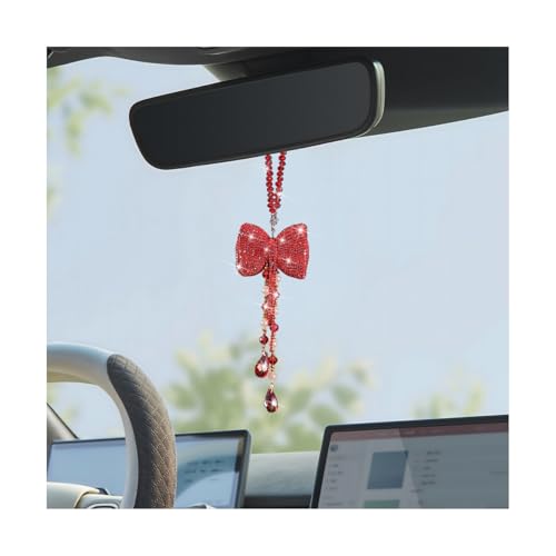 Bling Car Hanging Ornament, Bow Rhinestone Vehicle Rear View Mirror Charm with Crystal Chain, Automotive Diamond Decorative Pendant Accessories for Women Girls, Universal Fit (Red) - color: Red