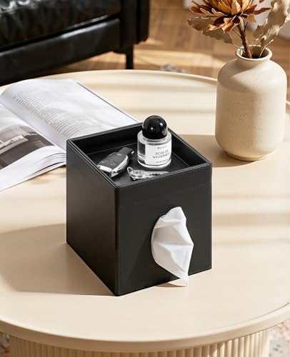 Luxspire Square Tissue Box Cover, PU Leather Square Tissue Box Cover with Storage Tray, Tissue Box Holder, Tissues Cube Boxes Cover for Living Room, Bedroom Countertop Cars Hotels, Black