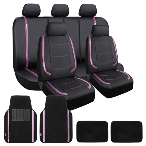 FH Group Galaxy13 Metallic Striped Deluxe Leatherette Car Seat Covers with Matching Carpet Floor Mats – Full Set, Universal Fit, Airbag Compatible for Cars, SUVs & Sedans, Pink - color: Pink
