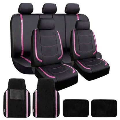FH Group Galaxy13 Metallic Striped Deluxe Leatherette Car Seat Covers with Matching Carpet Floor Mats – Full Set, Universal Fit, Airbag Compatible for Cars, SUVs & Sedans, Pink - color: Pink