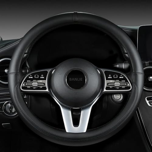 Nappa Leather Steering Wheel Cover, Universal 14.5–15 Inch Non-Slip Breathable Steering Wheel Cover for Car Interior Accessories, Black - color: Black