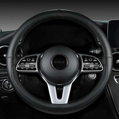 Nappa Leather Steering Wheel Cover, Universal 14.5–15 Inch Non-Slip Breathable Steering Wheel Cover for Car Interior Accessories, Black - color: Black