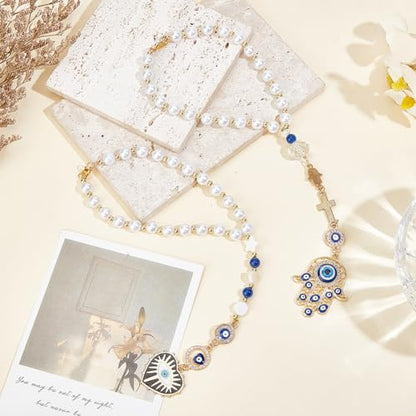 2pcs Evil Eye Car Hanging Ornament Hamsa Evil Eye Rear View Mirror Lucky Car Charm Lanyards Hanging Accessories Hand of Evil-Eye Sun Catcher Pendent for Window Home Door Frame Balcony
