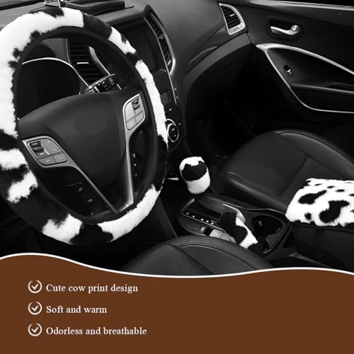 4 PCS Cow Print Car Accessories Set, Cute Cow Print Plush Wheel Shift Knob Protector for Winter Warm, Soft Fluffy Printed Handbrake Covers Armrest Pad for Women Girls - color: 4PCS Set