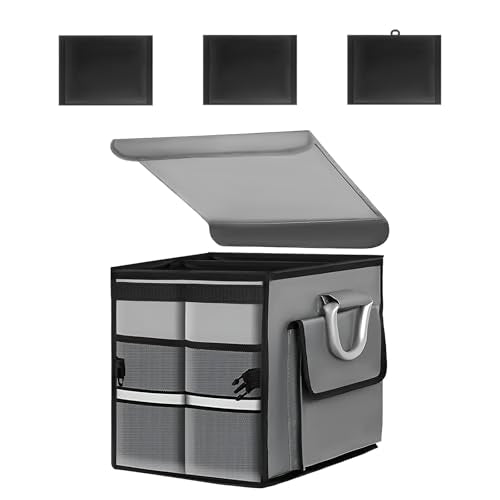 Car Trunk Organizer with Lid, 28L Waterproof Oxford Fabric Auto Trunk Cargo Storage Box w/Aluminium Alloy Handle, Collapsible 2-Compartment Storage Organizer for RV SUV Truck (Gray) - color: Gray