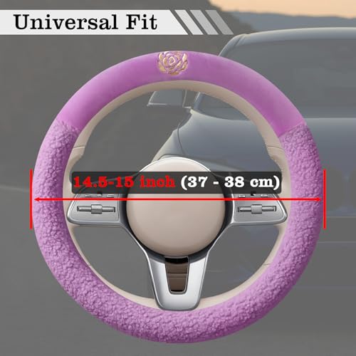 Purple Camellia Lambswool Steering Wheel Cover, for Universal Auto Steering Wheel 14.5-15 in, Lambswool Fabric, Anti-Slip, Soft Plush, Comforting and Luxurious, Embroidery Patterns, Soft Texture - color: Purple