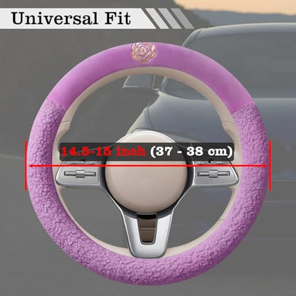 Purple Camellia Lambswool Steering Wheel Cover, for Universal Auto Steering Wheel 14.5-15 in, Lambswool Fabric, Anti-Slip, Soft Plush, Comforting and Luxurious, Embroidery Patterns, Soft Texture - color: Purple