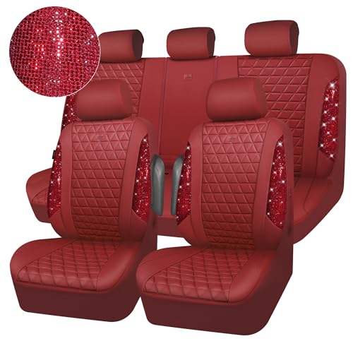 CAR PASS Bling Diamond Burgundy Leather Car Seat Covers Full Sets Interior Sets, Waterproof Shining Glitter Sparkly Crystal Universal Armrest Fit Automotive Truck SUV Cute Women Girl, Red Rhinestone - color: Burgundy Rhinestone, size: Full Set