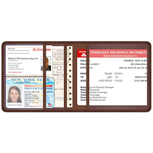 Car Insurance and Registration Holder, 5.5 x 5 Inch PU Leather Vehicle Glove Box Organizer Wallet Case for Insurance Card, Driver License, Paperwork - Brown - color: Brown