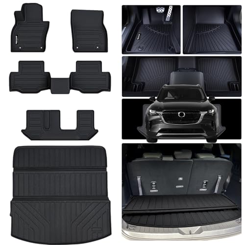 Floor Mats & Trunk mat for 2024 2025 2026 Mazda CX-90 PHEV 8 Seats-2 Row Bench Seat(Not Fit 6&7 Seats) TPE All Weather Protection 3 Rows Car Floor Liners & Cargo Liners for CX90 Accessories - size: 2024 2025 CX90-8 Seats Full Mats