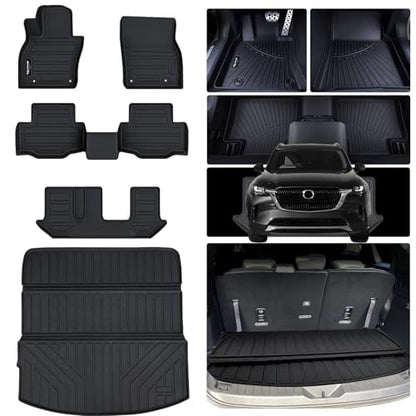 Floor Mats & Trunk mat for 2024 2025 2026 Mazda CX-90 PHEV 8 Seats-2 Row Bench Seat(Not Fit 6&7 Seats) TPE All Weather Protection 3 Rows Car Floor Liners & Cargo Liners for CX90 Accessories - size: 2024 2025 CX90-8 Seats Full Mats