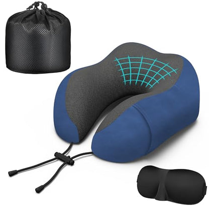 Neck Travel Pillow, Upgraded Memory Foam Pillow for Airplane, Machine Washable, Adjustable Flight Pillow, Suitable for Sleeping Airplane, Car, Office and Home (Blue)