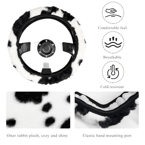 Cow Print Car Steering Wheel Cover, Cute Cow Print Anti-Slip Plush Wheel Protector for Winter Warm, Soft Fluffy Comfortable Grip Printed Wheel Covers for Women Girls - color: Steering Wheel Cover