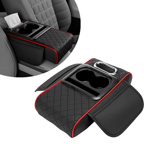 Car Armrest Cushion Center Console Cover, PU Leather Armrest Cover for Car 5 in 1 Middle Console Cushion with Storage Box, Cup Holders, Tissue Box, Luxury Waterproof Interior Accessories - color: Black&Red
