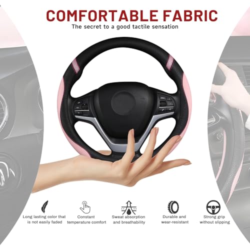 Cxtiy Pickup Truck Steering Wheel Cover – Sproty Fahsion Premium Leather Universal Non-Slip Steering Wheel Grip Set for Women Gril 15.5-16 Inch (Pink) - color: Pink