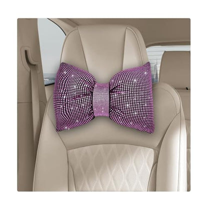 Bling Car Seat Neck Pillow, Soft Bling Bowknot Headrest Neck Support Rest Cushion, Neck Relax Head Rest Auto Pillow with Crystal Rhinestone for Women, Car Accessories (Pink) - color: Pink