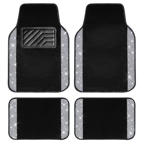 CAR PASS Bling Diamond Car Floor Mats, Shining Rhinestone Carpet Sparkly Glitter Crystal with Anti-Slip PVC Heel Pad Waterproof Universal Fit Automotive SUV,Sedan,Van,Cute Girl Women,4pcs Black Sliver - color: Silver Diamond