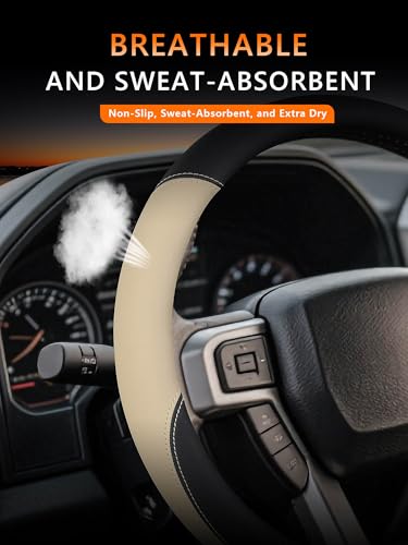 Leather Steering Wheel Cover for Ford F150/F250/F350, 15.5-16 Inch Truck Steering Wheel Grip, Breathable & Anti-Slip, Premium Semi Car Accessories (Beige) - color: Beige