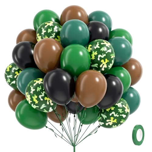 60pcs 12inch Camo Balloons, Green and Brown balloons with Dark Green Black Balloons for Hunting Camping Game Jungle Theme Camo Birthday Party Decorations - color: Brown Green