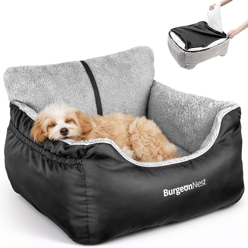 BurgeonNest Dog Car Seat for Small Dogs, Soft Pet Car Travel Home Bed Under 25 lbs, Fully Detachable and Washable Cat Booster Carseats with Storage Pockets and Clip-On Leash Portable Carrier,Black - color: Black, size: Small