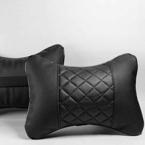 Set of 2 Quilted Faux Leather Car Headrest Pillow, Black Case/Black Threading, Ergonomic Neck Support for Comfortable Driving