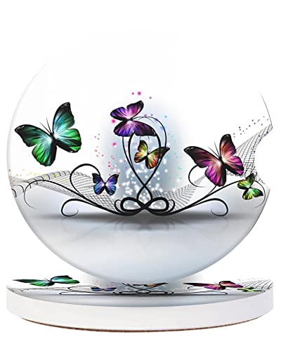 2 Pack Universal Ceramic Car Coasters Colorful Butterflies Abstract,Ceramic Stone with A Finger Notch for Easy Removal of Car Cup Holder Coaster - color: Colorful Butterflies Abstract