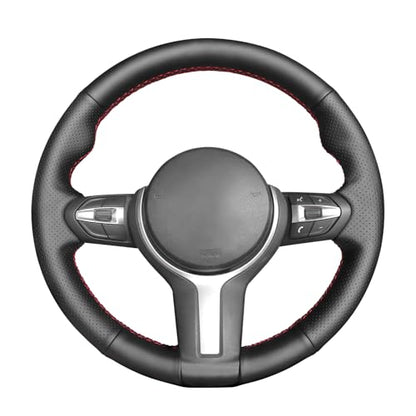 MEWANT Steering Wheel Cover for BMW F87 M2 F80 M3 F82 M4 M5 F12 F13 M6 F85 X2 X5 M F86 X6 M F33 F30 M Sport Microfiber Leather Hand Sewing Steering Wheel Wrap - color: no stripe + red thread