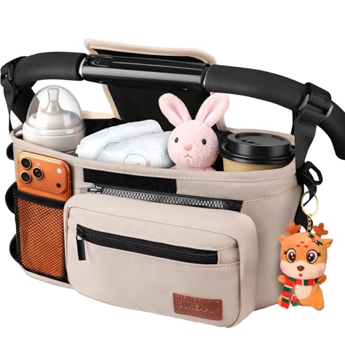 Guiseapue Universal Stroller Organizer with Cup Holder: Baby Essentials, Stroller Caddy with Shoulder Strap, Detachable Phone Bag, Stroller Accessories, New Moms Baby Gifts - color: Khaki, size: Single Stroller