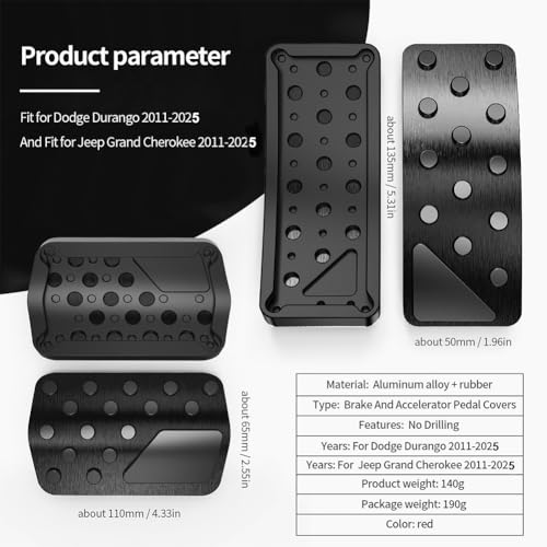 Aluminum Alloy Pedal Cover for Jeep Grand Cherokee 2011-2024 2025 Dodge Durango 2011-2024 2025 No Drilling Aluminum Brake and Accelerator Pedal Covers 2PCS(Black) - color: Black