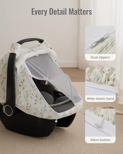 Blissful Diary Baby Car Seat Cover, Extra Large Mesh Window, Breathable Muslin Cotton, Infant Windproof Canopy, Must-Have Baby Gift - Botanical Leaf - color: Botanical Leaf